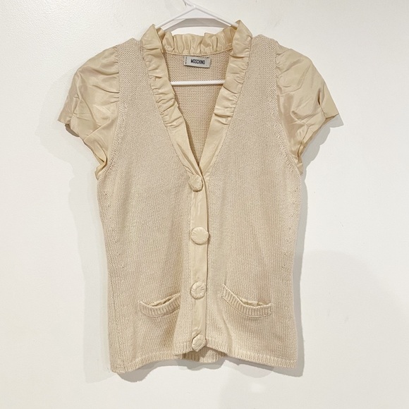 MOSCHINO Cashmere & Silk Blend Cream V-Neck Short Sleeve Ruffle Cardigan Small - Picture 1 of 11